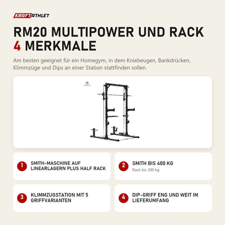 Titanium Strength RM20 Multipower und Rack mit 4 Merkmalen: Smith-Maschine auf Linearlagern plus Half Rack, Smith bis 400 kg, Klimmzugstation mit 5 Griffvarianten, Dip-Griff eng und weit im Lieferumfang