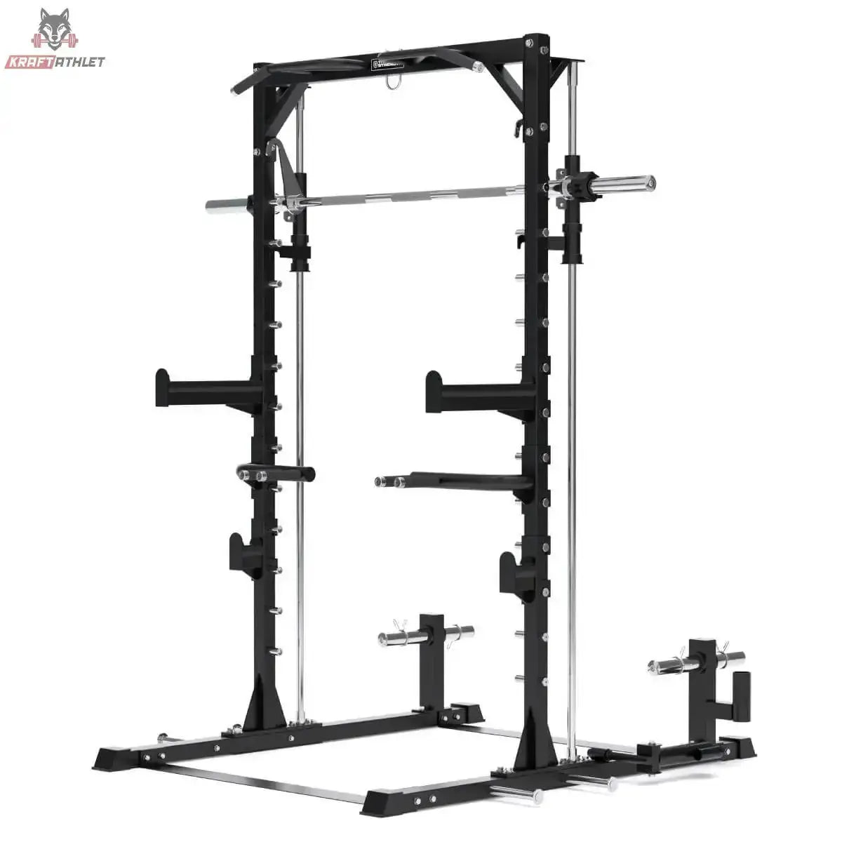 Titanium Strength RM20 Multipower und Rack – Schrägansicht von links mit Dip-Griffen und Ablagen