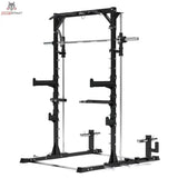 Titanium Strength RM20 Multipower und Rack – Schrägansicht von links mit Dip-Griffen und Ablagen