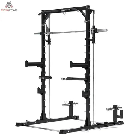 Titanium Strength RM20 Multipower und Rack – Schrägansicht von links mit Dip-Griffen und Ablagen