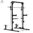 Titanium Strength RM20 Multipower und Rack – Schrägansicht von rechts mit Multipresse, J-Hooks und Scheibenhaltern
