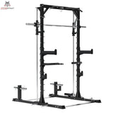 Titanium Strength RM20 Multipower und Rack – Schrägansicht von rechts mit Multipresse, J-Hooks und Scheibenhaltern