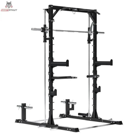 Titanium Strength RM20 Multipower und Rack – Schrägansicht von rechts mit Multipresse, J-Hooks und Scheibenhaltern