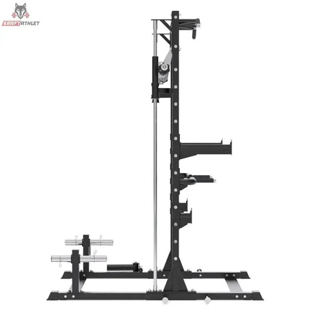 Titanium Strength RM20 Multipower und Rack – Seitenansicht mit Kabelzug, Scheibenhaltern und Bodenrahmen