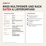 Technische Daten und Lieferumfang von Titanium Strength RM20 Multipower und Rack als Tabelle