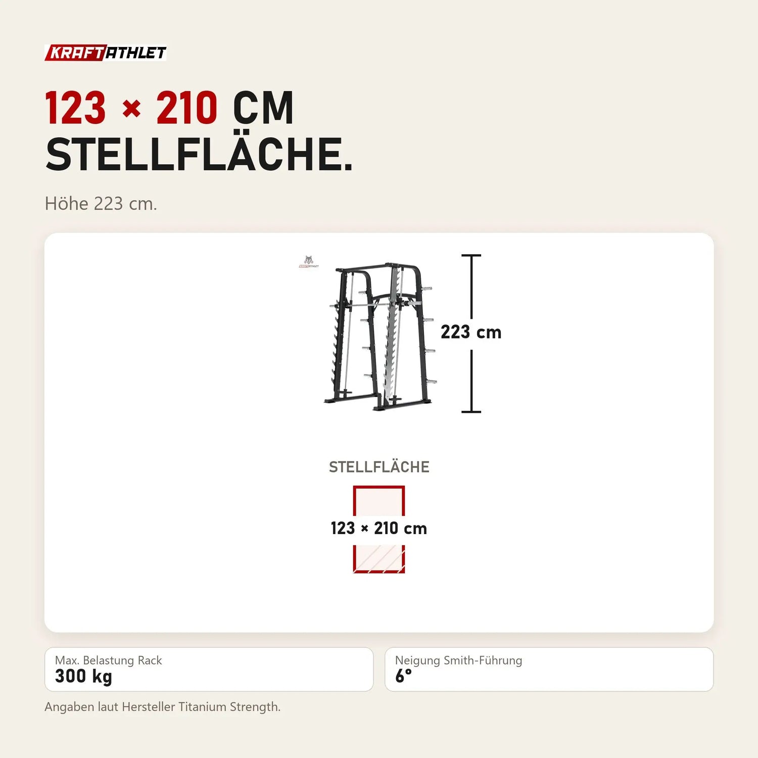 Maßbild Titanium Strength RXS Multipower mit Multilevel-Rack: Stellfläche 123 × 210 cm, Höhe 223 cm