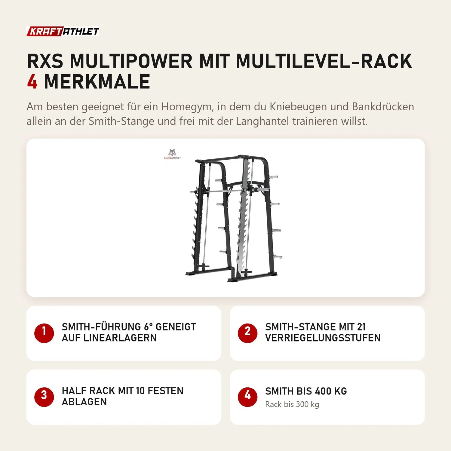 Titanium Strength RXS Multipower mit Multilevel-Rack mit 4 Merkmalen: Smith-Führung 6° geneigt auf Linearlagern, Smith-Stange mit 21 Verriegelungsstufen, Half Rack mit 10 festen Ablagen, Smith bis 400 kg