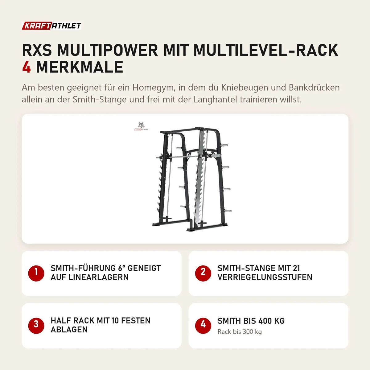 Titanium Strength RXS Multipower mit Multilevel-Rack mit 4 Merkmalen: Smith-Führung 6° geneigt auf Linearlagern, Smith-Stange mit 21 Verriegelungsstufen, Half Rack mit 10 festen Ablagen, Smith bis 400 kg
