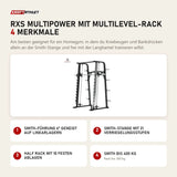 Titanium Strength RXS Multipower mit Multilevel-Rack mit 4 Merkmalen: Smith-Führung 6° geneigt auf Linearlagern, Smith-Stange mit 21 Verriegelungsstufen, Half Rack mit 10 festen Ablagen, Smith bis 400 kg
