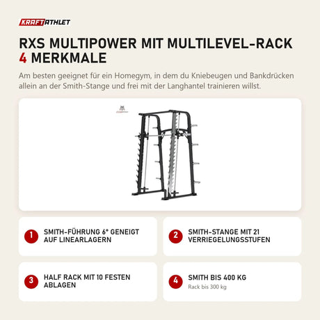 Titanium Strength RXS Multipower mit Multilevel-Rack mit 4 Merkmalen: Smith-Führung 6° geneigt auf Linearlagern, Smith-Stange mit 21 Verriegelungsstufen, Half Rack mit 10 festen Ablagen, Smith bis 400 kg