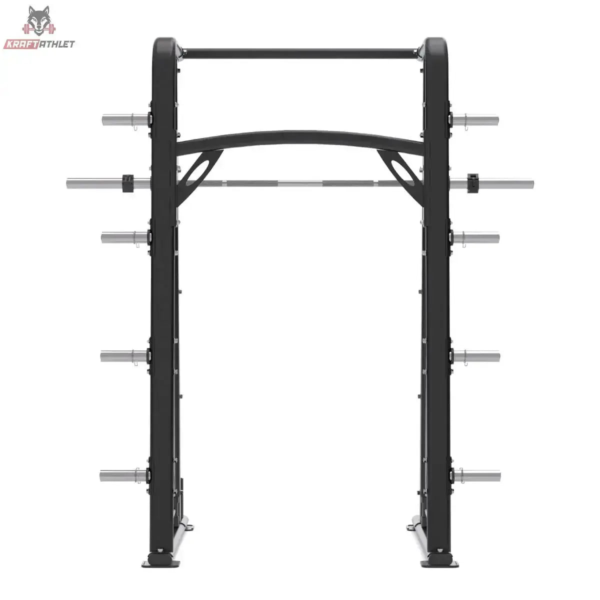 Titanium Strength RXS Multipower mit Multilevel-Rack: Multilevel-Rack in Frontansicht mit Scheibenhornen, ohne Langhantel