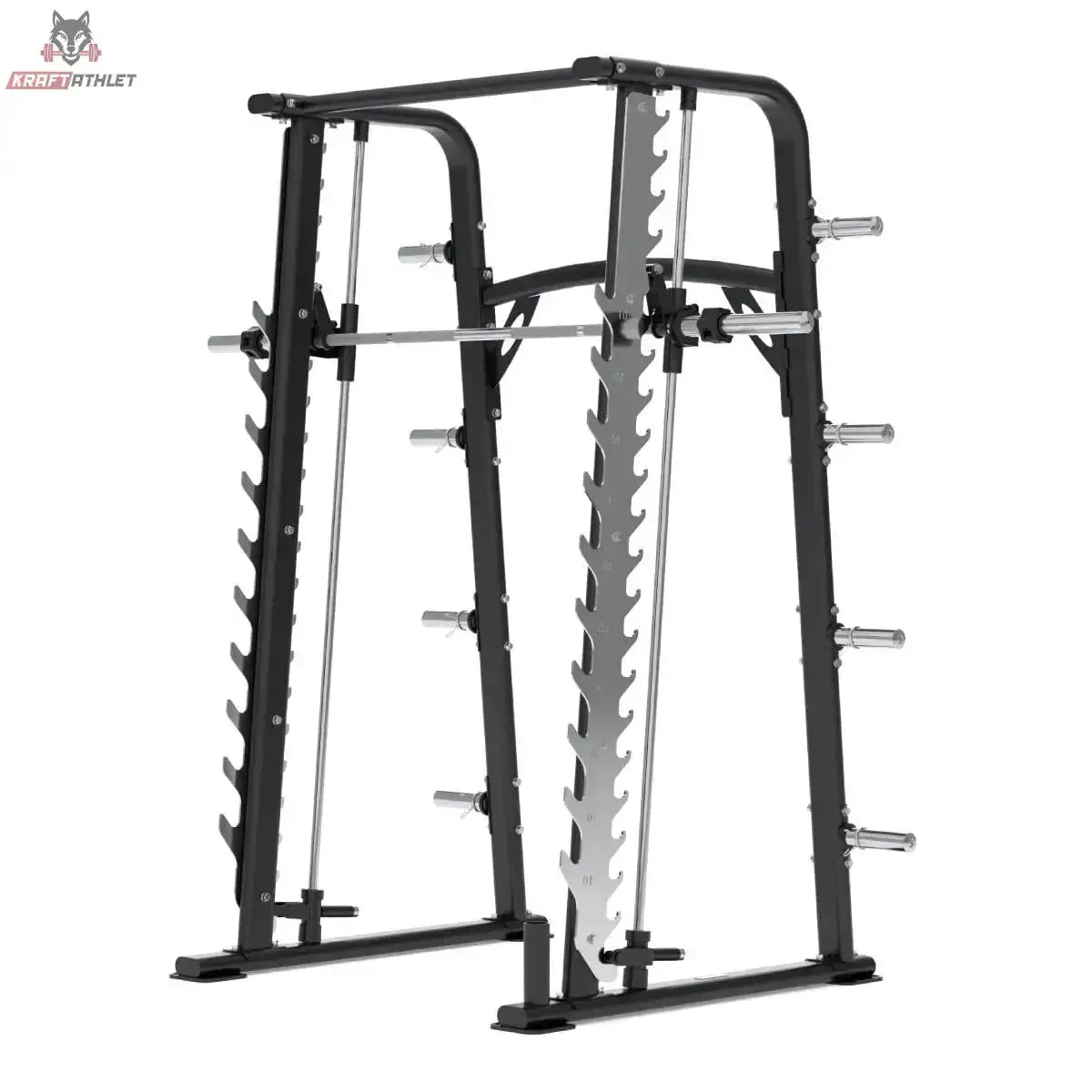 Titanium Strength RXS Multipower mit Multilevel-Rack in Schrägansicht von links mit Führungsstangen