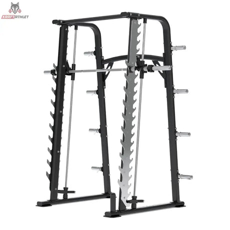 Titanium Strength RXS Multipower mit Multilevel-Rack in Schrägansicht von links mit Führungsstangen
