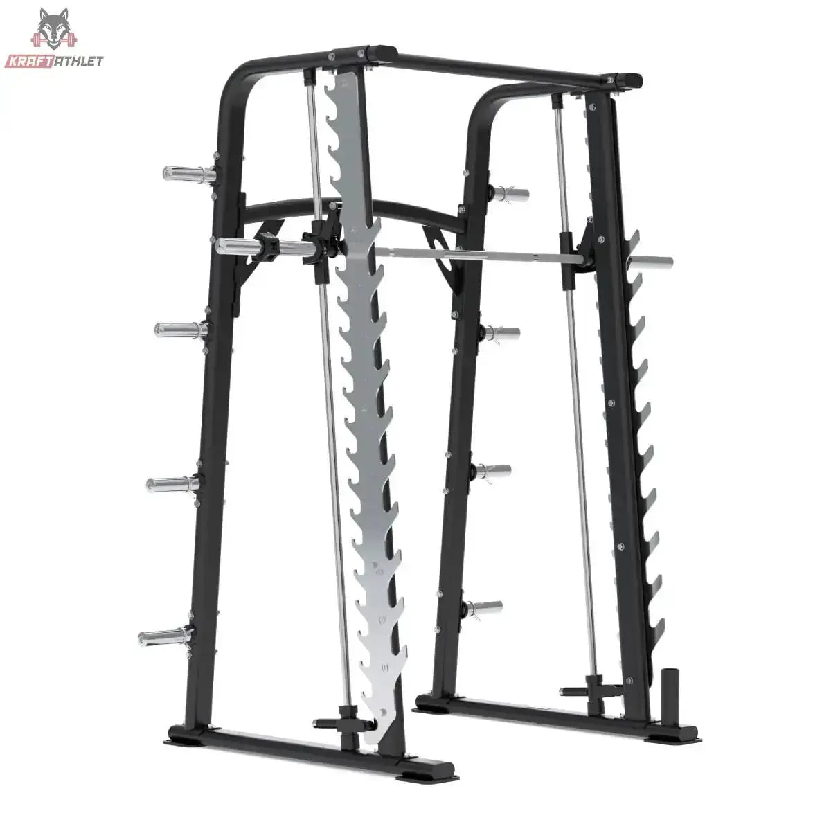 Titanium Strength RXS Multipower mit Multilevel-Rack in Schrägansicht von rechts mit Führungsstangen