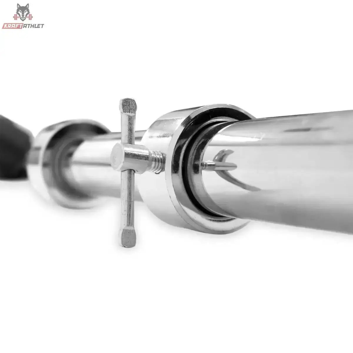 Titanium Strength Safety Squat Bar, Detail der Hantelhülse mit Verschlussmechanismus