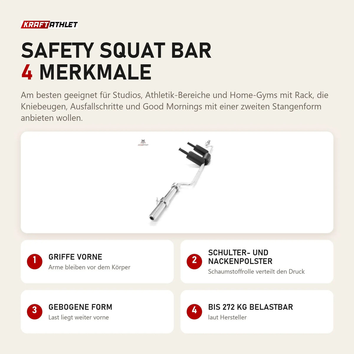 Titanium Strength Safety Squat Bar mit 4 Merkmalen: Griffe vorne, Schulter- und Nackenpolster, Gebogene Form, Bis 272 kg belastbar