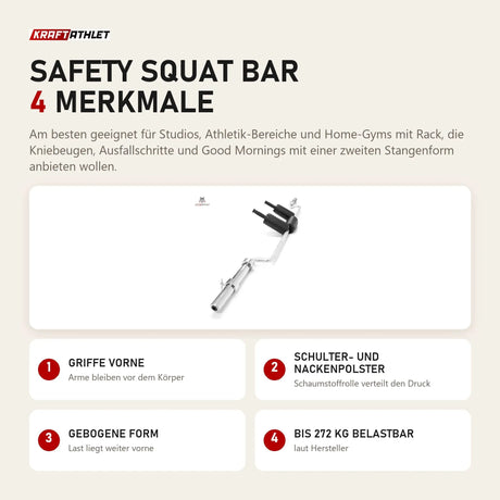 Titanium Strength Safety Squat Bar mit 4 Merkmalen: Griffe vorne, Schulter- und Nackenpolster, Gebogene Form, Bis 272 kg belastbar