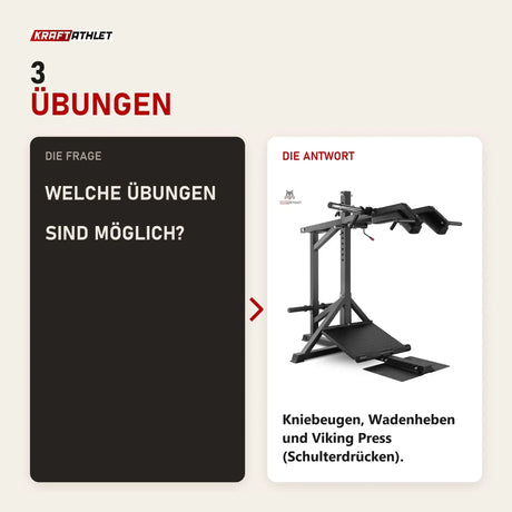 Frage und Antwort zu Titanium Strength SC250 Kniebeugenmaschine 3 in 1: Welche Übungen sind möglich?