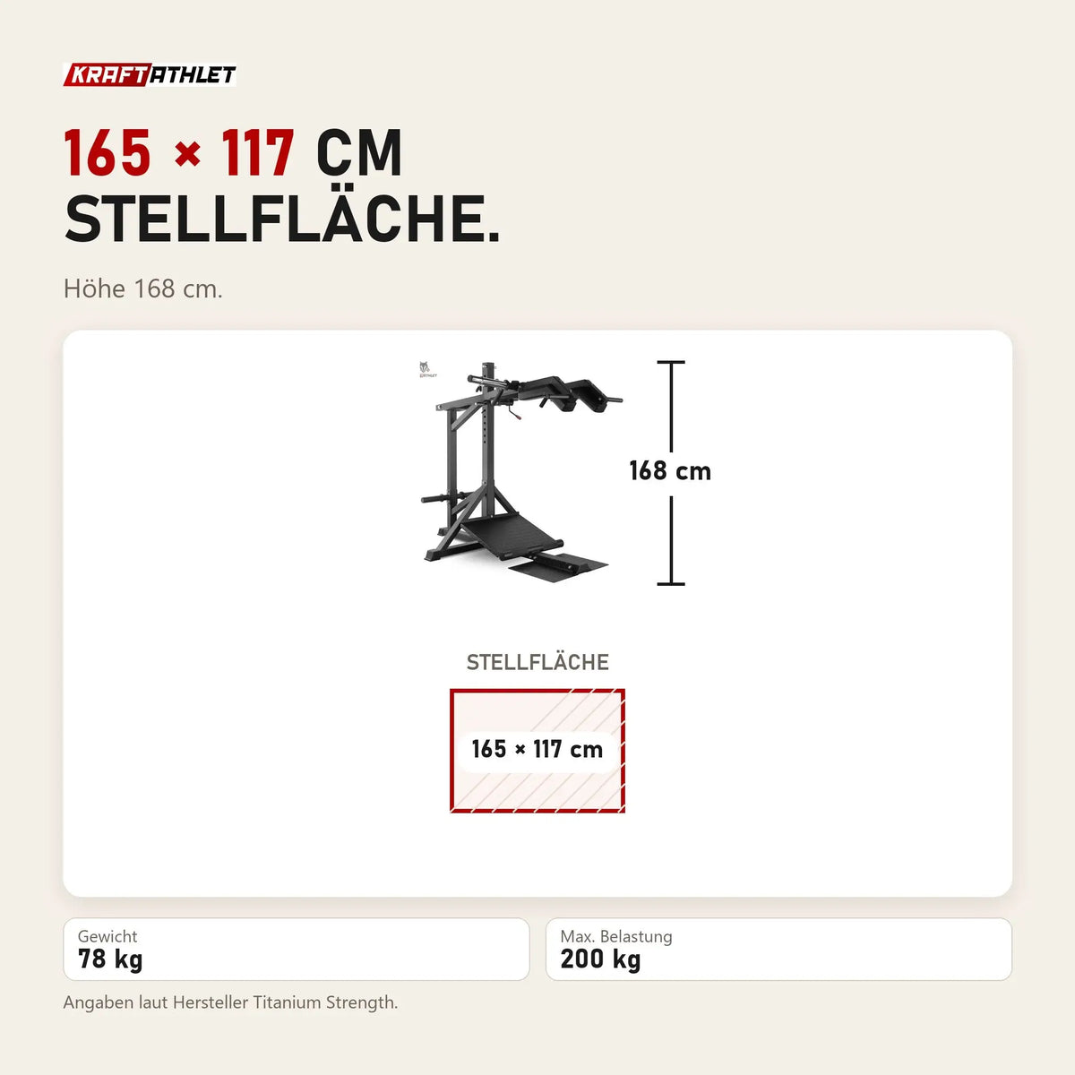 Maßbild Titanium Strength SC250 Kniebeugenmaschine 3 in 1: Stellfläche 165 × 117 cm, Höhe 168 cm