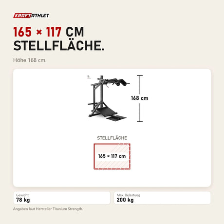 Maßbild Titanium Strength SC250 Kniebeugenmaschine 3 in 1: Stellfläche 165 × 117 cm, Höhe 168 cm