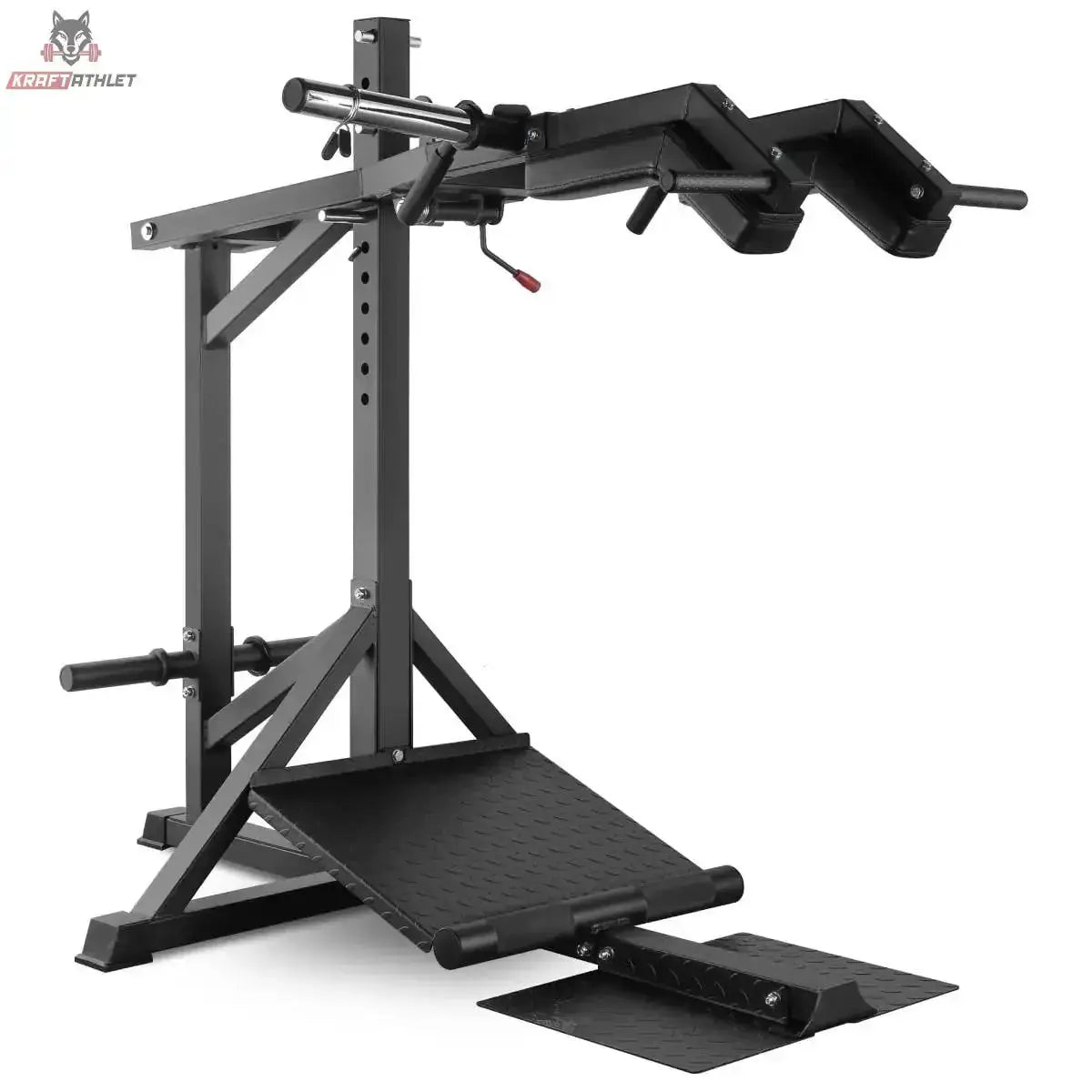 Titanium Strength SC250 Kniebeugenmaschine 3 in 1, Schrägansicht in Schwarz ohne Hantelscheiben mit Plattform und Schulterpolstern