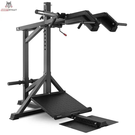Titanium Strength SC250 Kniebeugenmaschine 3 in 1, Schrägansicht in Schwarz ohne Hantelscheiben mit Plattform und Schulterpolstern