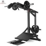Titanium Strength SC250 Kniebeugenmaschine 3 in 1, Seitenansicht mit aufgesteckten Hantelscheiben und Scheibenablage