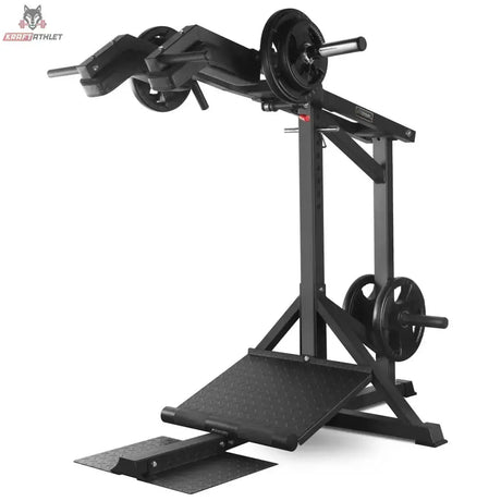 Titanium Strength SC250 Kniebeugenmaschine 3 in 1, Seitenansicht mit aufgesteckten Hantelscheiben und Scheibenablage