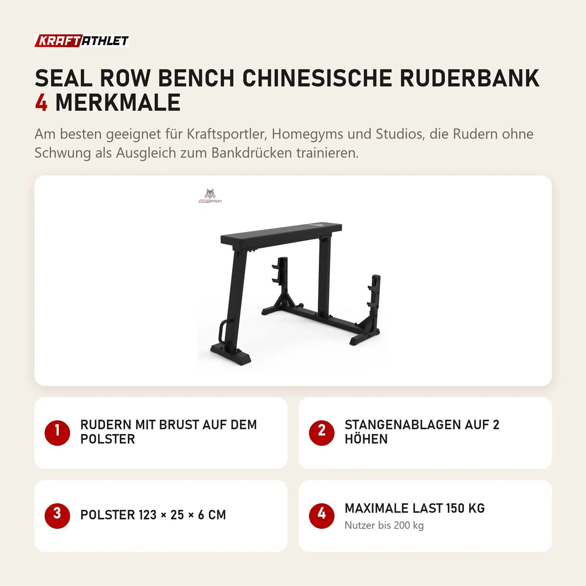 Titanium Strength Seal Row Bench Chinesische Ruderbank mit 4 Merkmalen: Rudern mit Brust auf dem Polster, Stangenablagen auf 2 Höhen, Polster 123 × 25 × 6 cm, Maximale Last 150 kg
