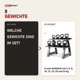 Frage und Antwort zu Titanium Strength SK24 Kettlebell-Set 4–24 kg mit Rack: Welche Gewichte sind im Set?