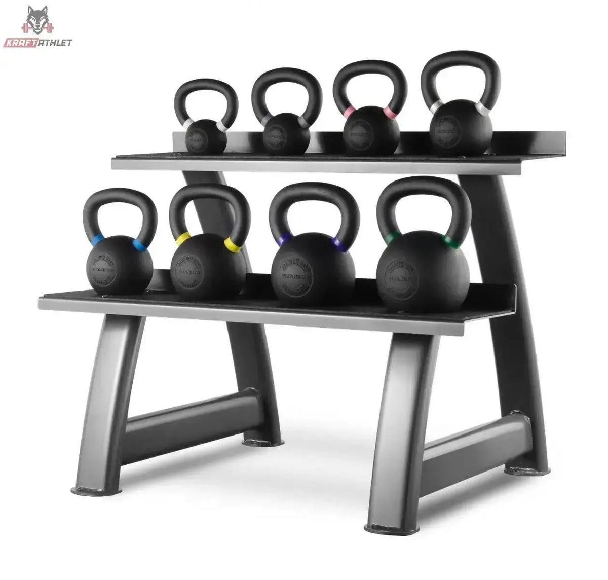 Titanium Strength SK24 Kettlebell-Set 4–24 kg mit Rack in der Frontansicht mit acht Kettlebells auf zwei Ebenen des Racks