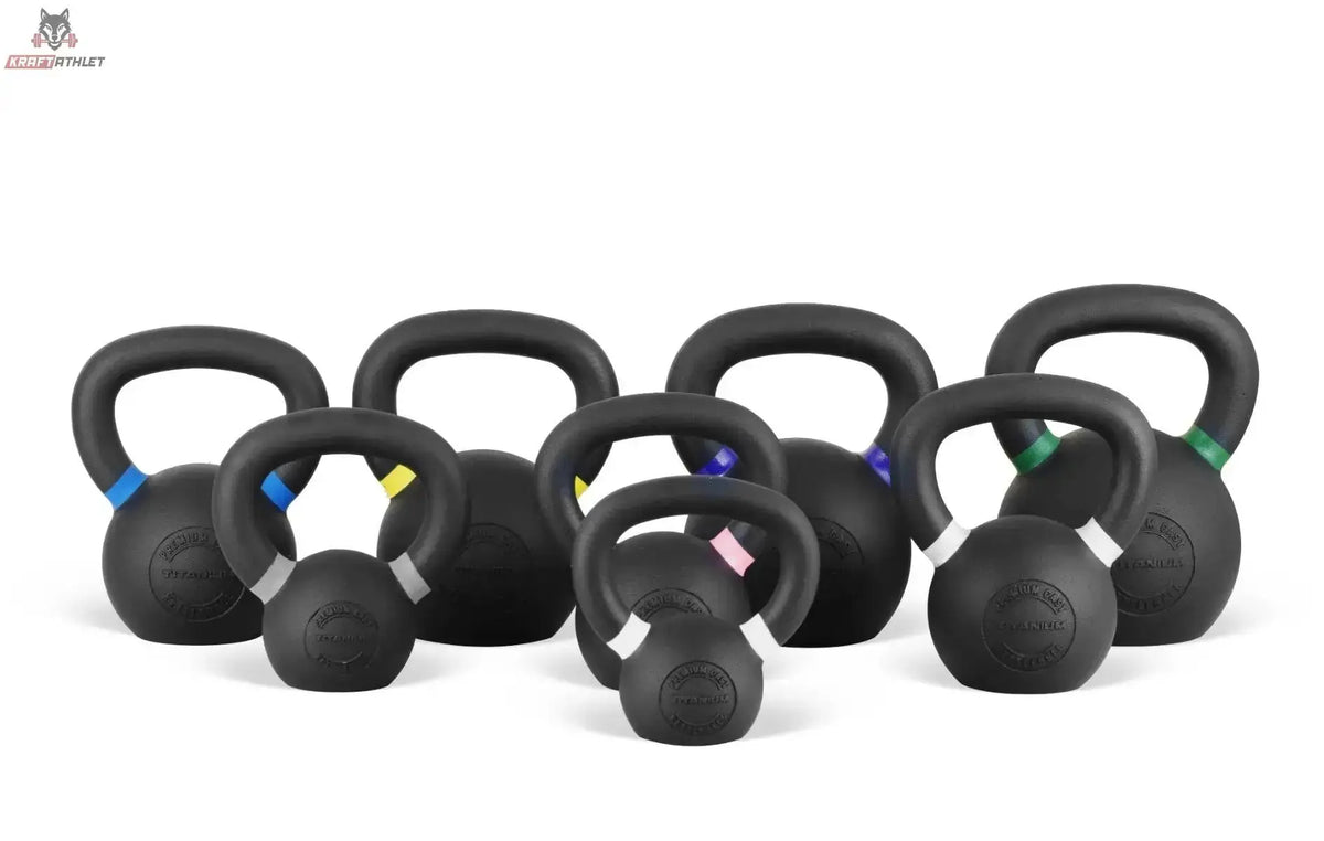 Titanium Strength SK24 Kettlebell-Set 4–24 kg mit Rack als Kettlebell-Gruppe ohne Rack mit farbigen Gewichtsmarkierungen