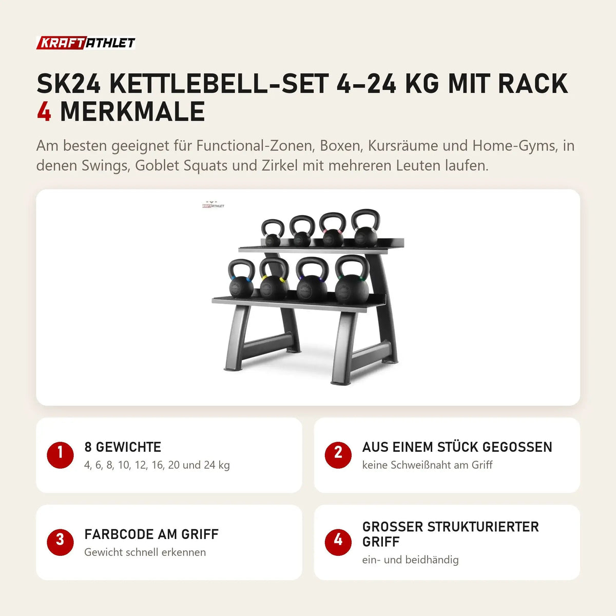 Titanium Strength SK24 Kettlebell-Set 4–24 kg mit Rack mit 4 Merkmalen: 8 Gewichte, Aus einem Stück gegossen, Farbcode am Griff, Großer strukturierter Griff