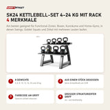 Titanium Strength SK24 Kettlebell-Set 4–24 kg mit Rack mit 4 Merkmalen: 8 Gewichte, Aus einem Stück gegossen, Farbcode am Griff, Großer strukturierter Griff
