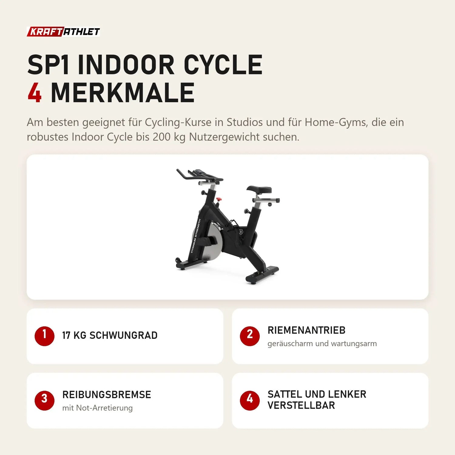 Titanium Strength SP1 Indoor Cycle mit 4 Merkmalen: 17 kg Schwungrad, Riemenantrieb, Reibungsbremse, Sattel und Lenker verstellbar