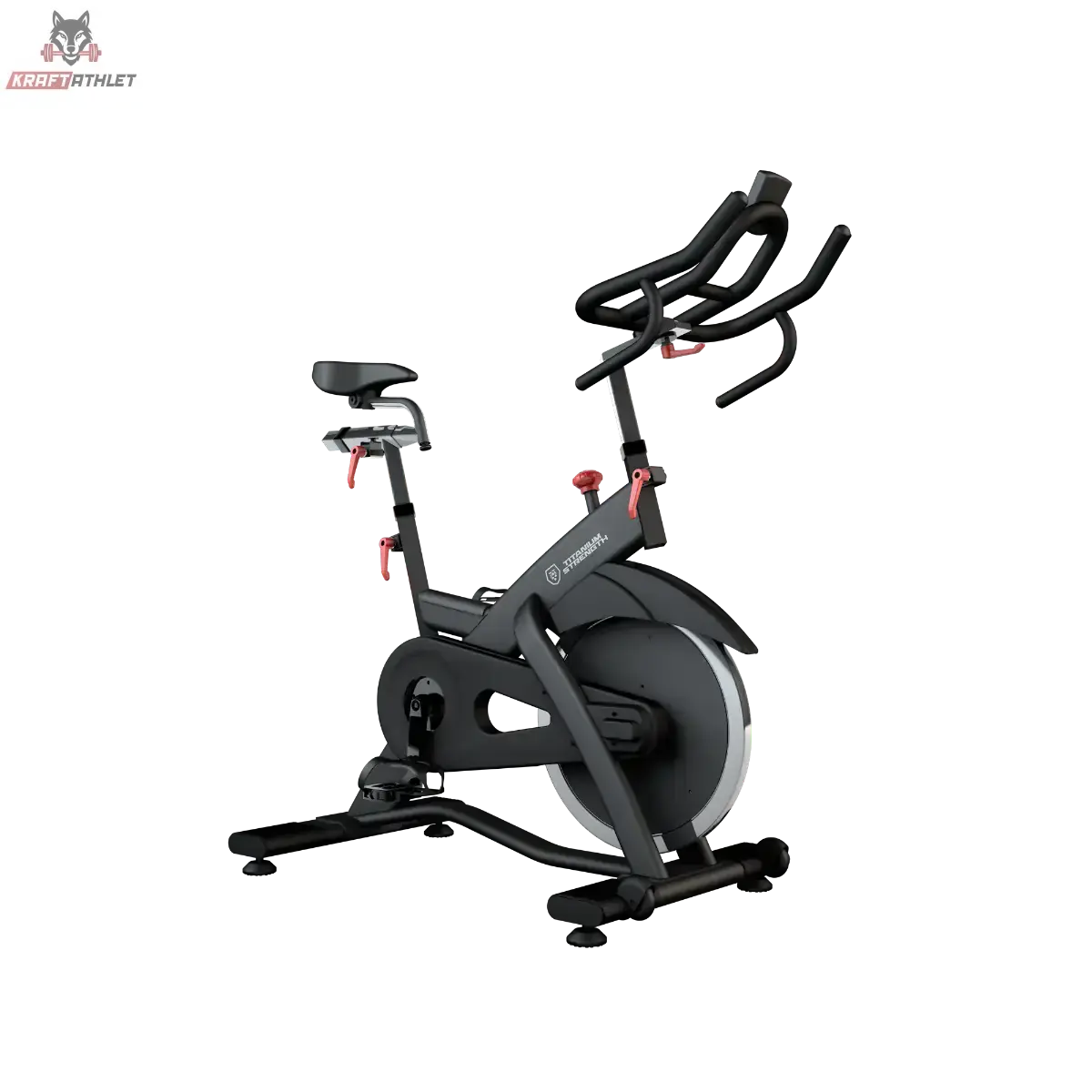 Titanium Strength SP2 Indoor Bike Pro Series – Seitenansicht von rechts mit Schwungrad und roten Verstellhebeln