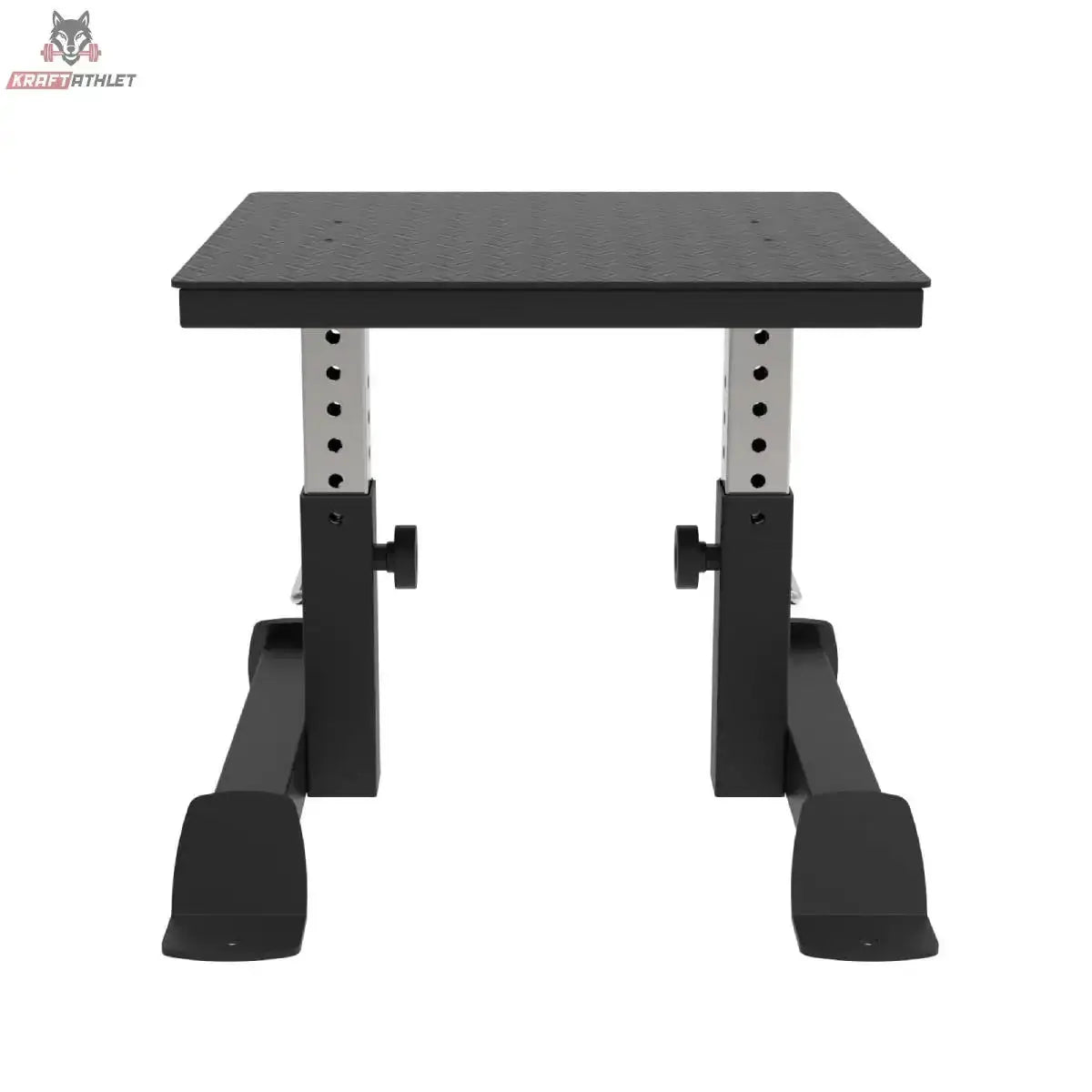 Titanium Strength SQBX Höhenverstellbare Plyo/Squat-Box in Frontansicht mit Höhenverstellung und Feststellknöpfen