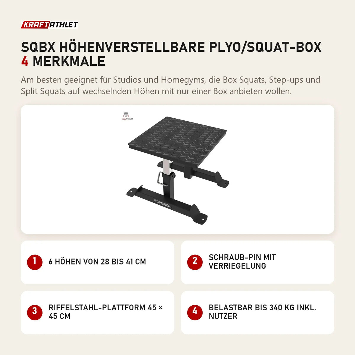 Titanium Strength SQBX Höhenverstellbare Plyo/Squat-Box mit 4 Merkmalen: 6 Höhen von 28 bis 41 cm, Schraub-Pin mit Verriegelung, Riffelstahl-Plattform 45 × 45 cm, Belastbar bis 340 kg inkl. Nutzer