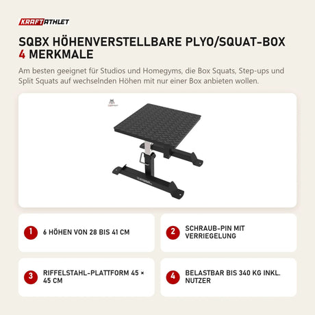 Titanium Strength SQBX Höhenverstellbare Plyo/Squat-Box mit 4 Merkmalen: 6 Höhen von 28 bis 41 cm, Schraub-Pin mit Verriegelung, Riffelstahl-Plattform 45 × 45 cm, Belastbar bis 340 kg inkl. Nutzer