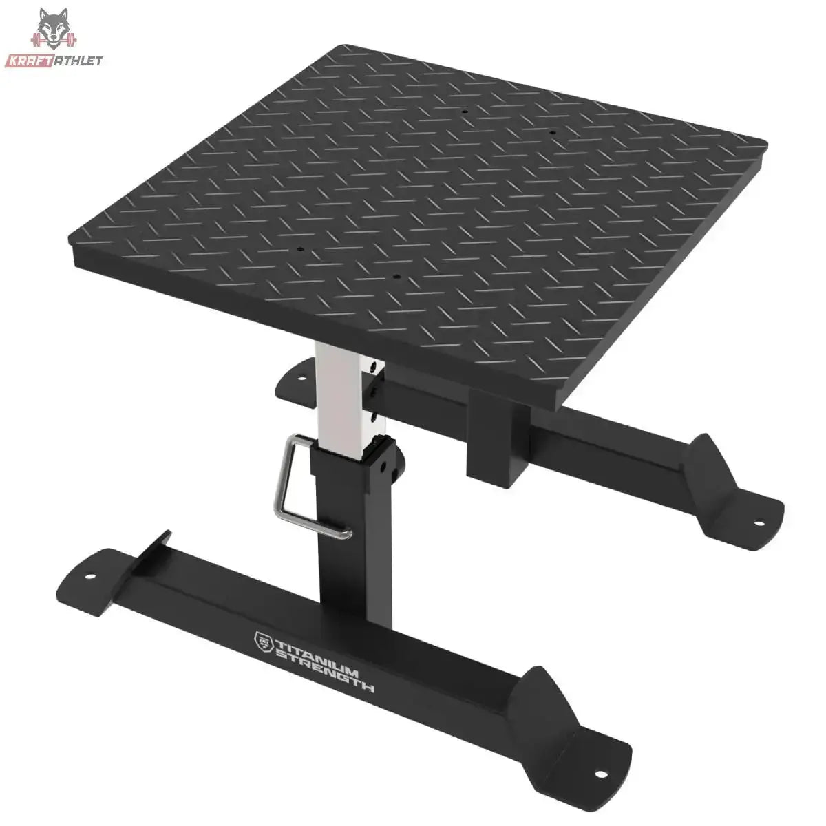 Titanium Strength SQBX Höhenverstellbare Plyo/Squat-Box in Schrägansicht mit Riffelblech-Plattform, schwarz