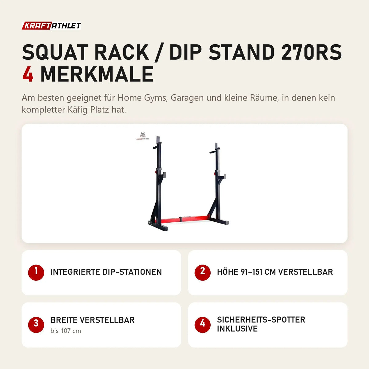 Titanium Strength Squat Rack / Dip Stand 270RS mit 4 Merkmalen: Integrierte Dip-Stationen, Höhe 91–151 cm verstellbar, Breite verstellbar, Sicherheits-Spotter inklusive