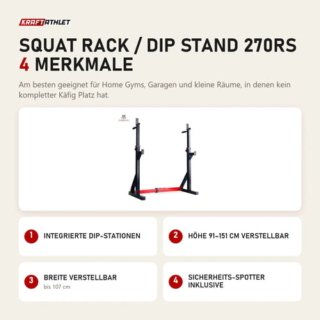 Titanium Strength Squat Rack / Dip Stand 270RS mit 4 Merkmalen: Integrierte Dip-Stationen, Höhe 91–151 cm verstellbar, Breite verstellbar, Sicherheits-Spotter inklusive