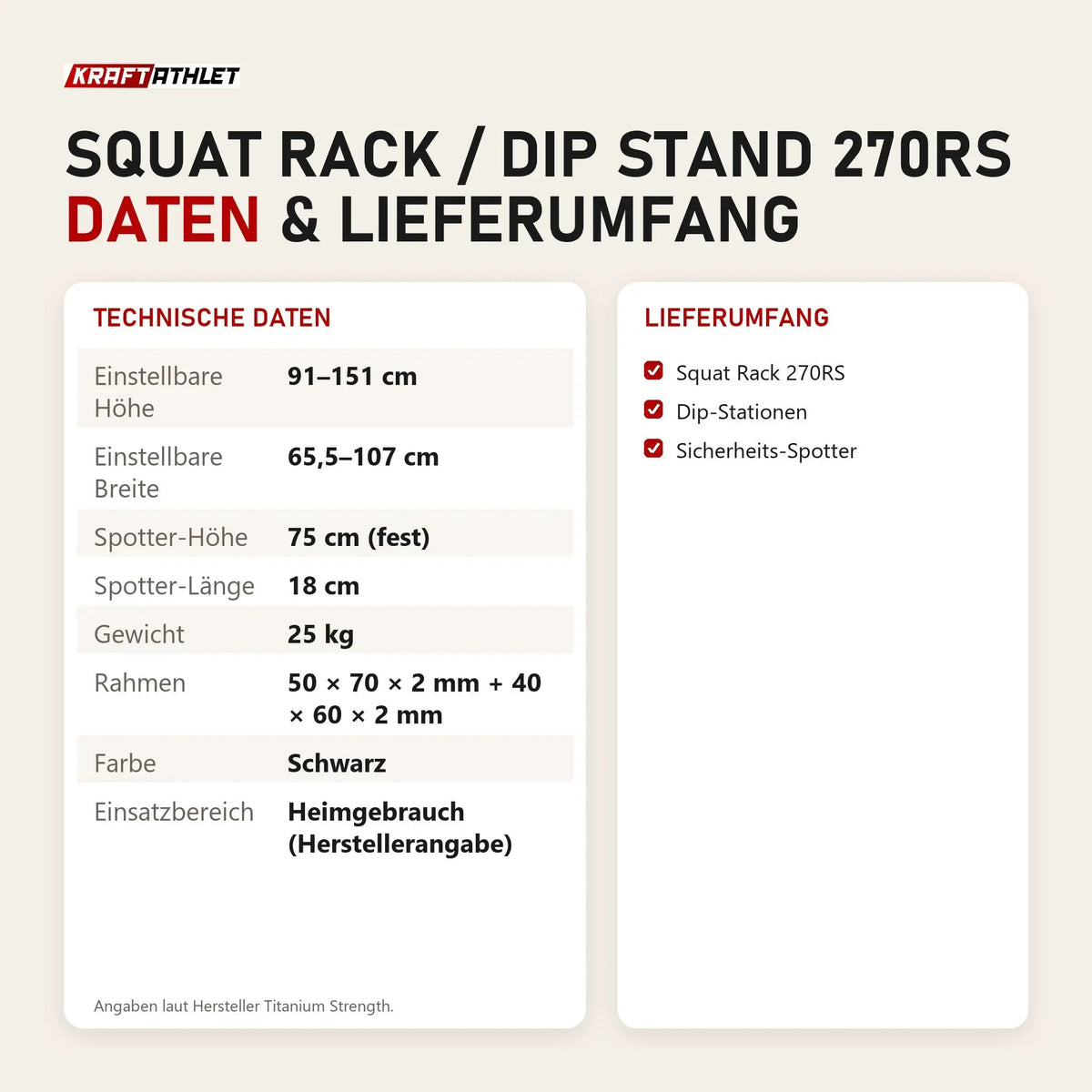 Technische Daten und Lieferumfang von Titanium Strength Squat Rack / Dip Stand 270RS als Tabelle