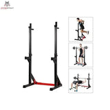 Titanium Strength Squat Rack / Dip Stand 270RS mit drei kleinen Bildern von Kniebeuge, Dips und Bankdrücken