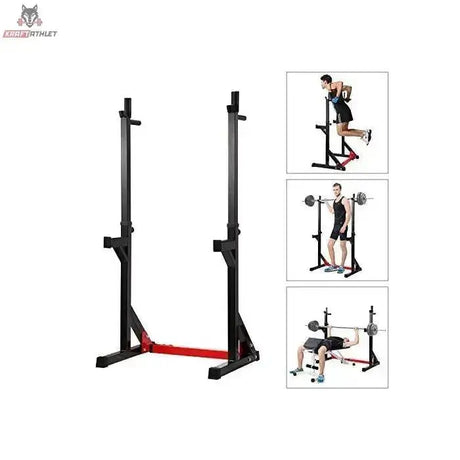 Titanium Strength Squat Rack / Dip Stand 270RS mit drei kleinen Bildern von Kniebeuge, Dips und Bankdrücken