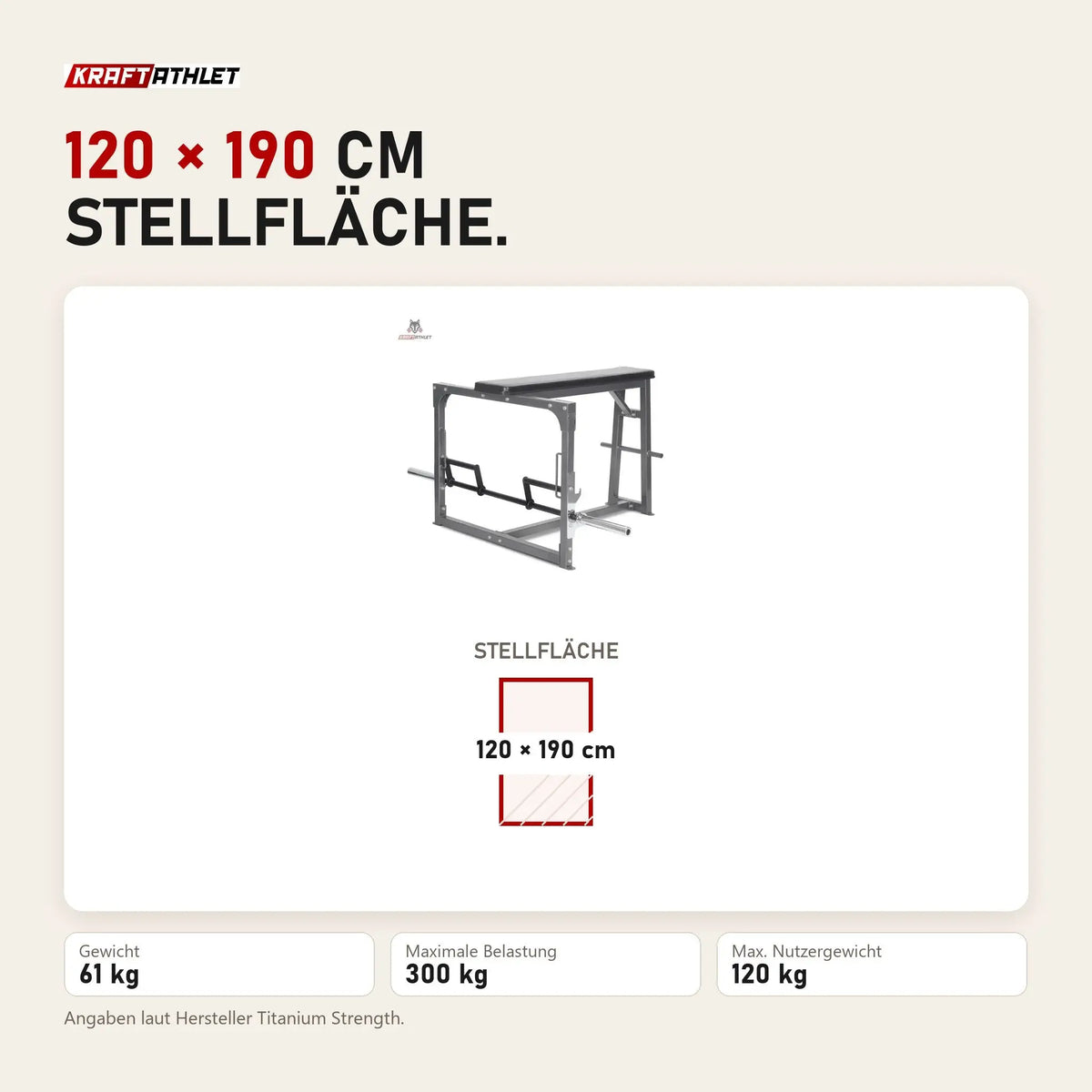 Maßbild Titanium Strength SRC90 Seal Row Bench inkl. Stange: Stellfläche 120 × 190 cm