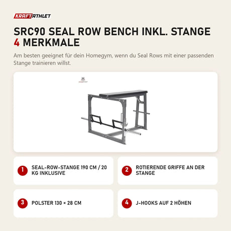 Titanium Strength SRC90 Seal Row Bench inkl. Stange mit 4 Merkmalen: Seal-Row-Stange 190 cm / 20 kg inklusive, Rotierende Griffe an der Stange, Polster 130 × 28 cm, J-Hooks auf 2 Höhen
