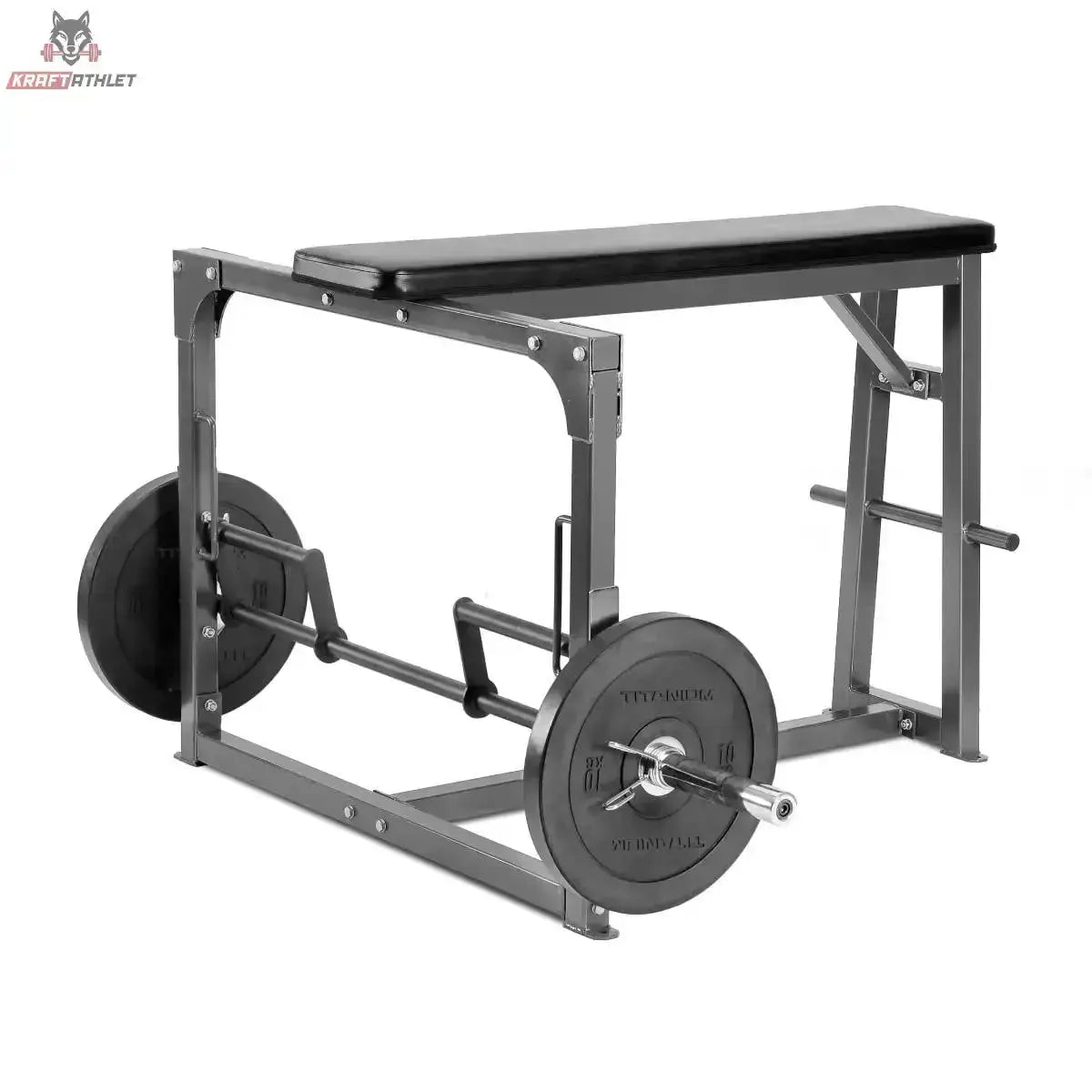 Titanium Strength SRC90 Seal Row Bench inkl. Stange: graues Gestell mit Liegepolster und beladener Stange mit Hantelscheiben