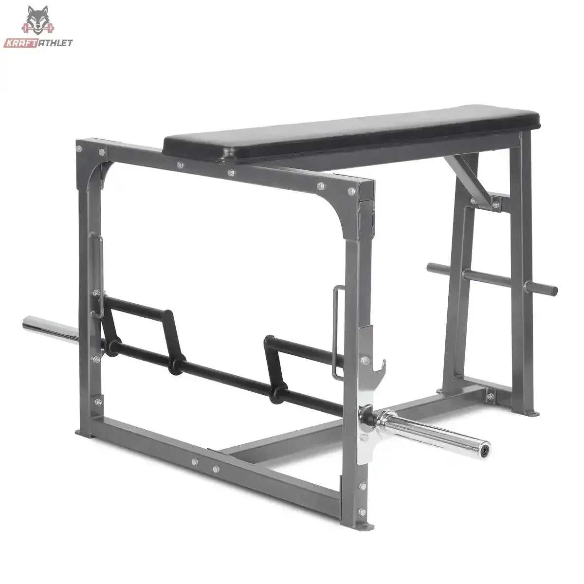 Titanium Strength SRC90 Seal Row Bench inkl. Stange: graues Gestell mit schwarzem Liegepolster und Stange, Schrägansicht