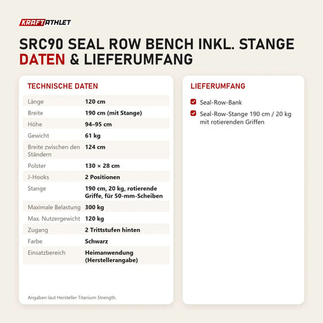 Technische Daten und Lieferumfang von Titanium Strength SRC90 Seal Row Bench inkl. Stange als Tabelle